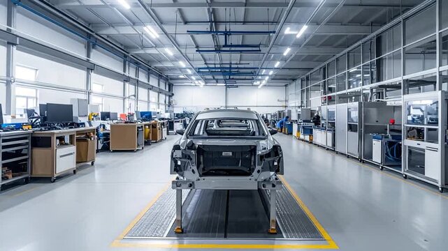 Car chassis in a brightly lit industrial plant with workstations