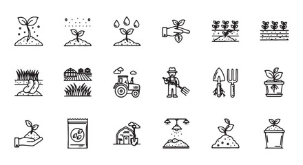 Naklejka premium Agriculture and farming outline icon collection. Includes planting, watering, harvesting, tractor, farmer, tools, and plant growth symbols. Created in thin line style with black and white
