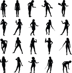 Obraz premium Businesswoman silhouettes collection, confident professional women poses with phone and briefcase, elegant female figures isolated black vector set