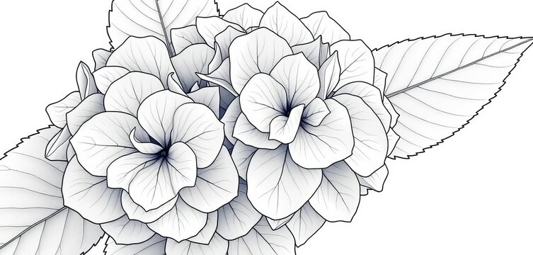 Elegant line art drawing of a hydrangea flower, showcasing delicate petals and leaves, summer, botanical illustration