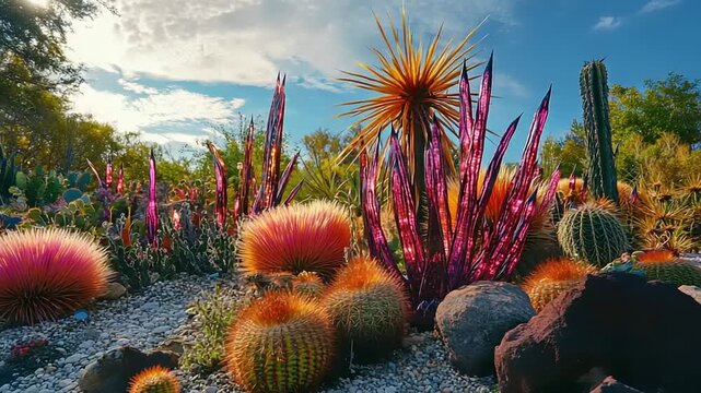 Vibrant desert garden with diverse cactus species under a bright blue sky.