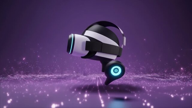 Cinematic 3D animation featuring a virtual reality headset slowly rotating in zero gravity w