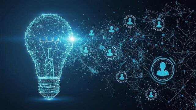 Digital innovation concept: Glowing technological lightbulb connected to a global talent network of user icons, symbolizing creative collaboration and knowledge sharing.