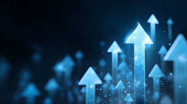 Multiple Glowing Blue Holographic Arrows Pointing Upwards Signifying Strong Positive Growth And Success Trends
