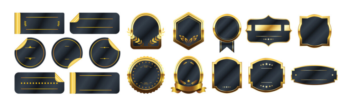 Elegant golden labels. Premium quality stickers and badges for product and business promotion.