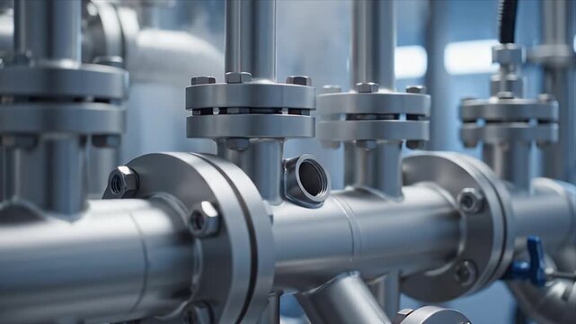 Complex Industrial Piping System with Flanges and Valves Detailed Close Up in a Clean Facility with Soft Lighting