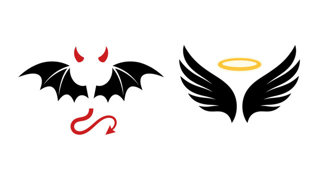 Angel Devil Vector Illustration Good Evil Contrast Wings Halo Horns Tail Symbolic Graphic Design Duality Concept Spiritual Morality Vector Artwork for Cultural Branding