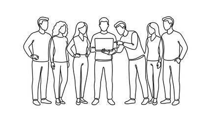 Teamwork Collaboration Vector Illustration Group Meeting Laptop Discussion Business People Line Art Black White Graphic Design Vector Symbol for Project Planning Education Branding