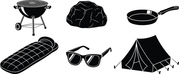 Camping equipment silhouette set featuring barbecue grill, rock, frying pan, sleeping bag, sunglasses and tent isolated on white for outdoor adventure design © Mstmaymunakhatun