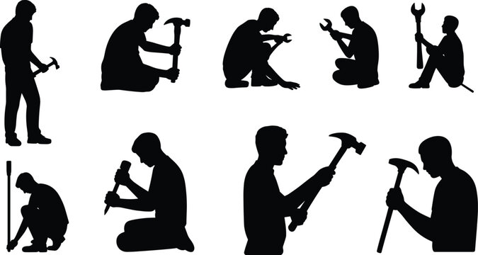 Handyman silhouettes collection, carpenter and repair worker with hammer and wrench tools, black isolated vector set on white