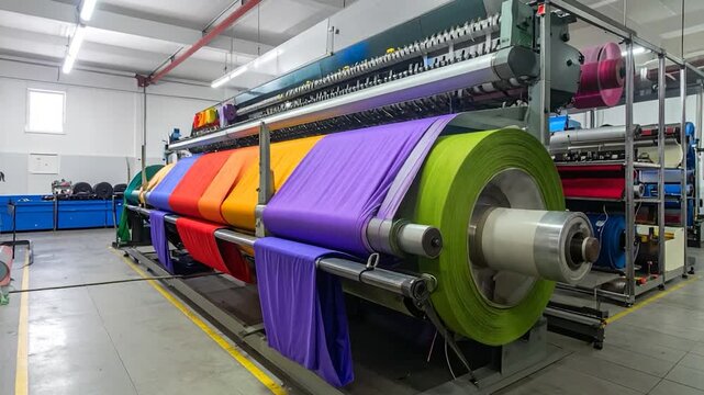 Factory scene of large textile machinery with colorful rolls of fabric