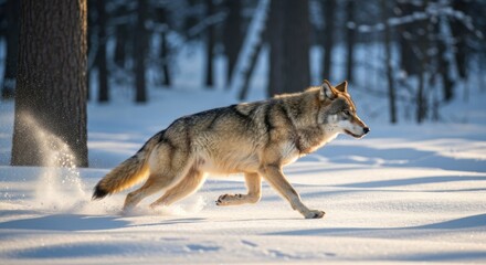 Obraz premium A wolf sprints across a snowy expanse, sunlit and surrounded by winter trees