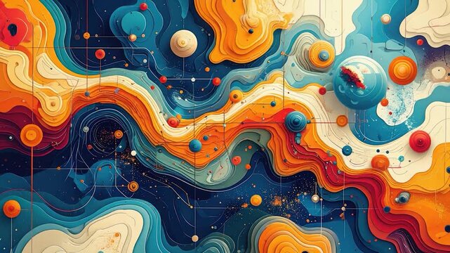 Vibrant abstract art with layered contours and grid lines, bright colors