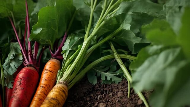 Colorful heirloom carrot harvest with leafy greens root vegetable soil and green leaf bounty