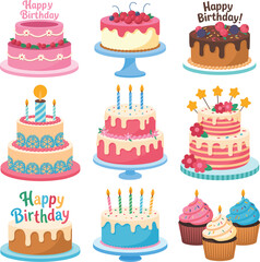 Happy birthday cake collection set, colorful celebration desserts with candles vector illustration isolated on white background