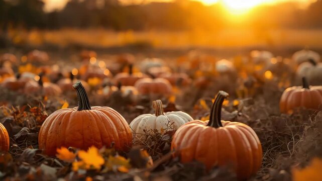 Autumn pumpkin patch sunset golden light harvest glow warm cozy field scene