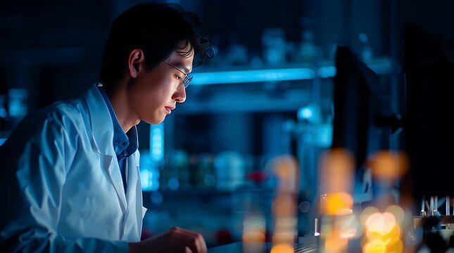 Scientist in laboratory working on computer with equipment around