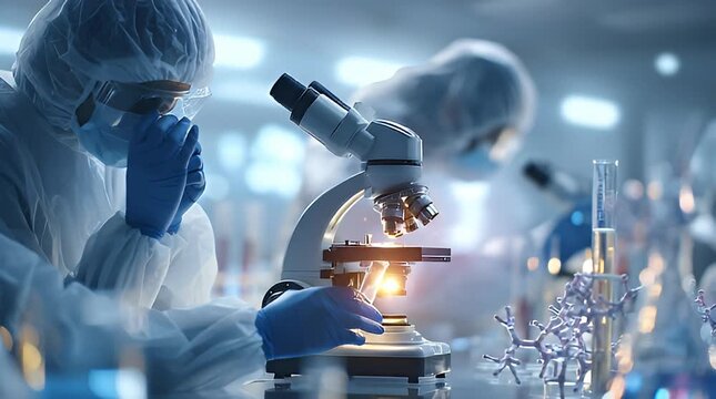 Scientists in lab coats examine samples through microscopes closely