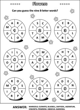 Sping or summer word puzzle (English language) with flower names written around: Can you guess the nine 8-letter words? Black and white. Answer included.

