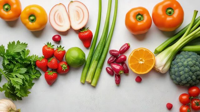 Fresh assorted fruits and vegetables arranged around neutral space with vibrant strawberry orange