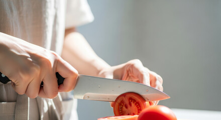キッチンで料理・調理する女性：トマトを包丁で切る