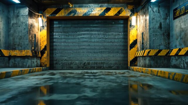 A damp, industrial interior with a roller door, hazard stripes, and fluorescent lights