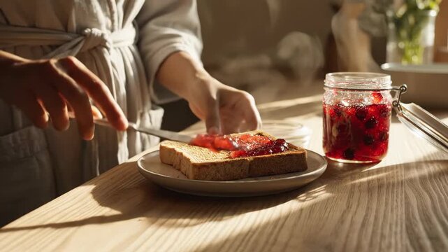 Spreading delicious jam on toast for a delightful breakfast scene.