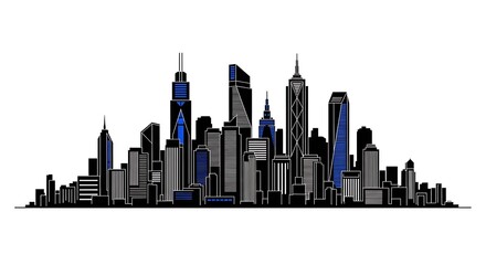 Obraz premium Silhouette of a modern city skyline with tall buildings, contrasting blue accents, & white background
