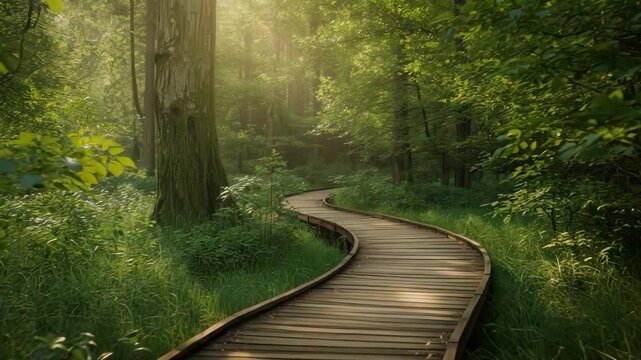 Sunlit wooden boardwalk winding through lush green forest woodland path trail with peaceful soft