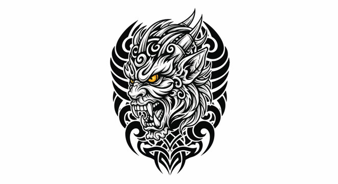 Intricate tribal tiger head illustration with ornate patterns and fierce expression.