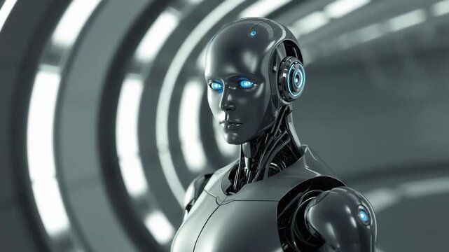 Futuristic humanoid android robot with glowing blue eyes confident calm focus sleek metallic curved