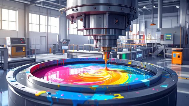 Industrial machine dispensing colorful paint into a large container