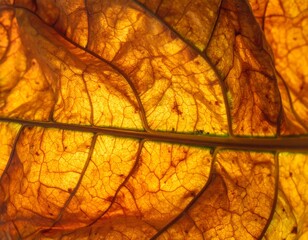 Obraz premium A close-up of a translucent, golden-brown leaf with visible veins