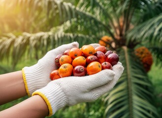 Hand holding fresh ripe mangoes in garden with palm trees sunlight background