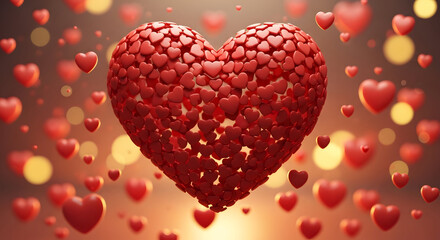 Obraz premium A vibrant heart composed of smaller hearts in a warm, glowing background