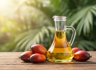 Fresh olive oil in glass decanter with ripe olives on wooden table in warm sunlight