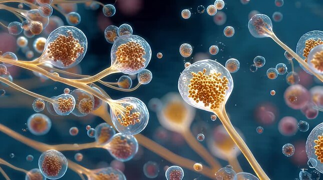 Microscopic view of fungi with spherical structures and long stems floating in a dark environment.