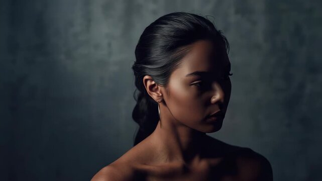 Elegant portrait young woman with braid and hoop earring side profile, studio lighting
