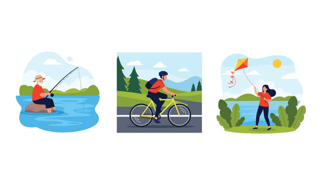 Three scenes of outdoor recreation featuring elderly man fishing man riding bicycle and woman flying kite by water for leisure lifestyle.