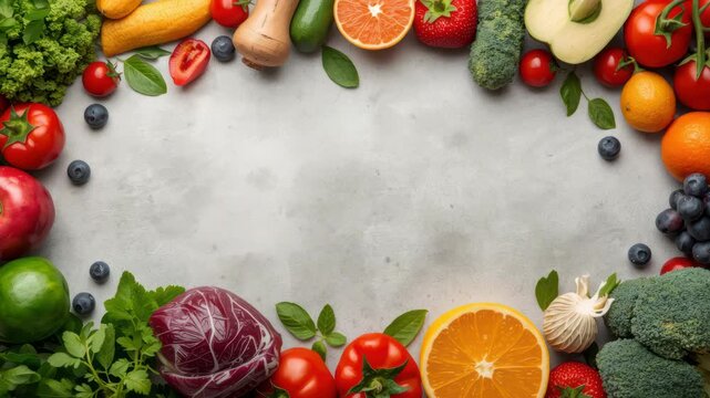 Fresh vegetable fruit tomato orange broccoli assortment concrete stone tabletop vibrant healthy