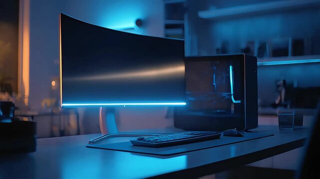 A sleek computer setup bathed in cool blue light creates a futuristic workspace perfect for tech enthusiasts.