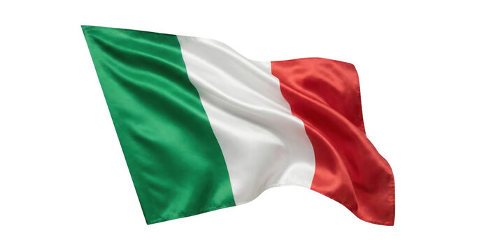 Waving Italian flag with vibrant green, white, and red stripes, showcasing a smooth, silky fabric texture, isolated on a transparent background.