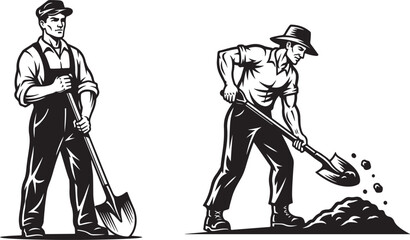 Vintage Worker with Shovel &ndash; Retro Black and White Engraved Laborer Illustration.