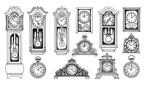 Hand drawn antique clock collection big set retro ink vector illustration