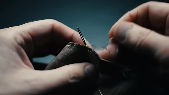 Close-up of human hands carefully sewing dark fabric with a needle and thread