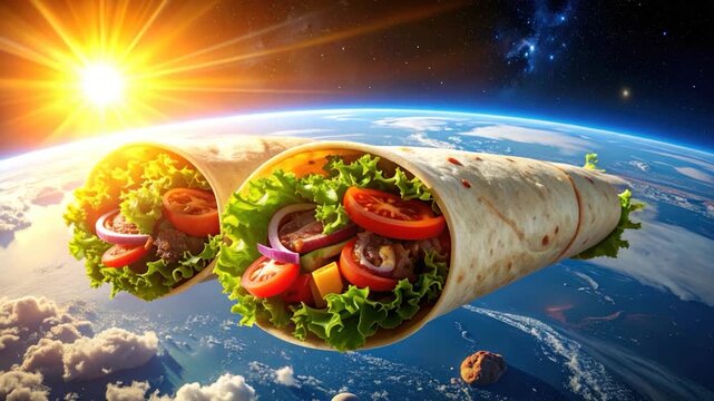 Two vibrant burritos float in space above Earth, lit by a bright sun