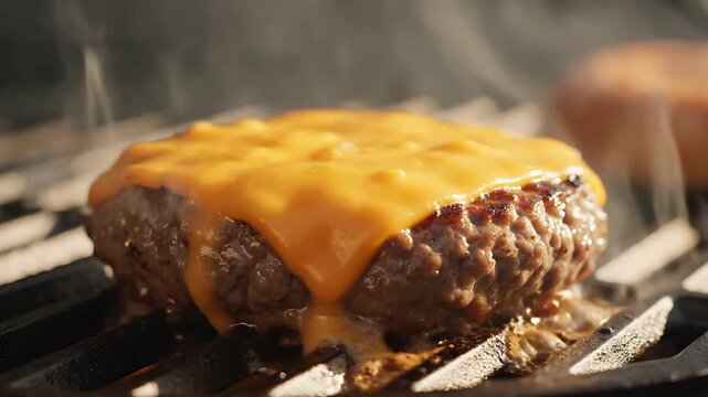 A close-up view of a delicious hamburger patty, with melted cheese, grilling.