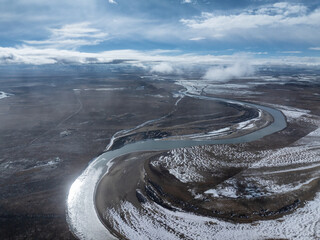 Aerial View of the First Bend of Yellow River in Winter, Snow-covered Meander on Zoige Plateau,...