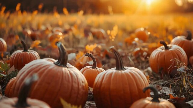 Pumpkin field pumpkin harvest autumn sunset warm light golden pumpkin patch with fallen leaves
