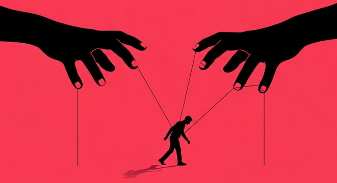 International Day of Remembrance of the Victims of Slavery and the Transatlantic Slave Trade hands manipulate a lone human figure like a puppet, symbolizing control and influence in society